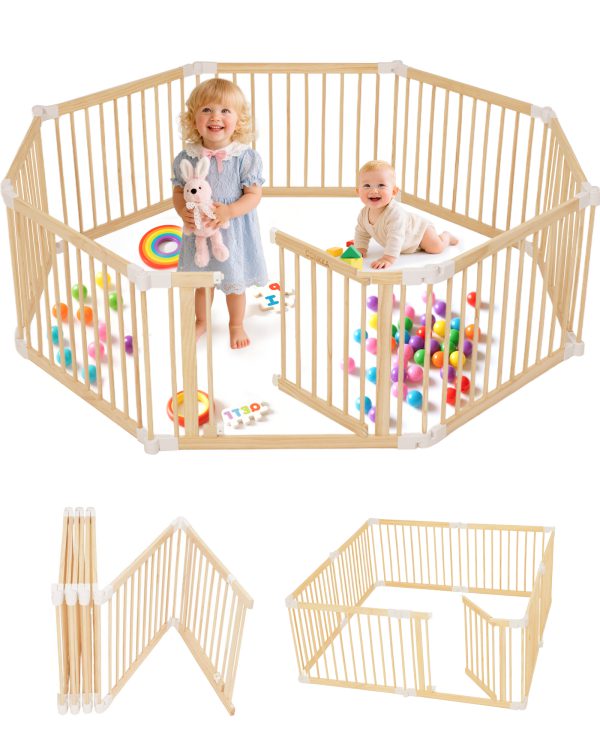 connka foldable wooden baby playpen large play yard for babies and toddlers, 2 in 1 portable fence custom 25″ tall wood gate with adjustable size & shape for infants 3 12 months 63x63x25 inch