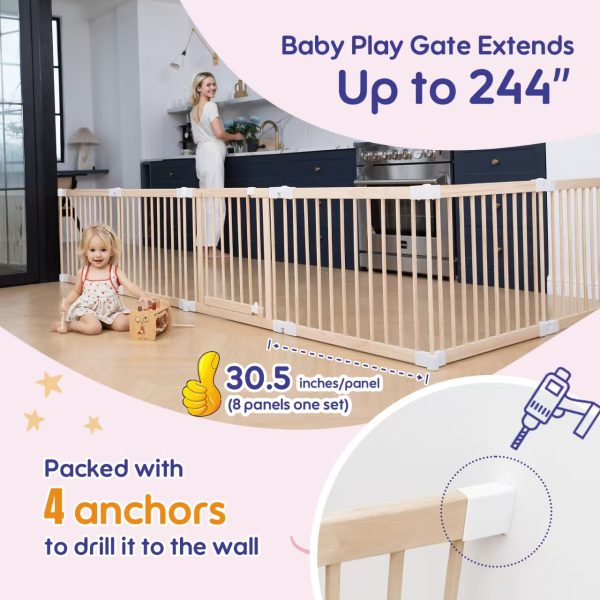 connka foldable wooden baby playpen large play yard for babies and toddlers, 2 in 1 portable fence custom 25″ tall wood gate with adjustable size & shape for infants 3 12 months 63x63x25 inch