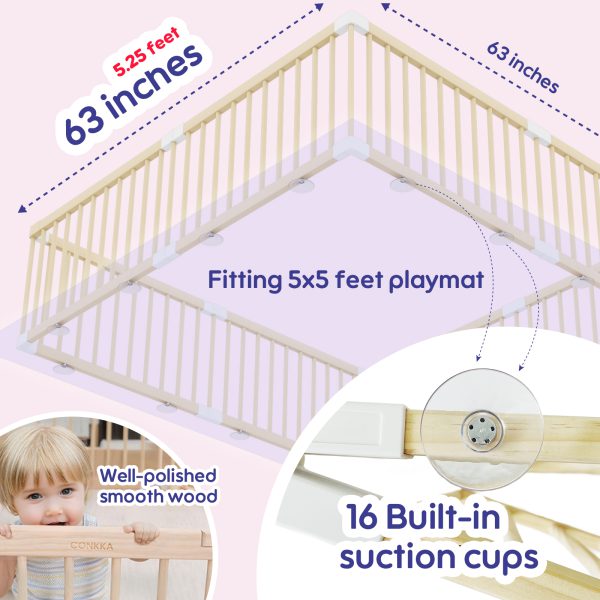 connka foldable wooden baby playpen large play yard for babies and toddlers, 2 in 1 portable fence custom 25″ tall wood gate with adjustable size & shape for infants 3 12 months 63x63x25 inch
