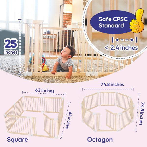 connka foldable wooden baby playpen large play yard for babies and toddlers, 2 in 1 portable fence custom 25″ tall wood gate with adjustable size & shape for infants 3 12 months 63x63x25 inch