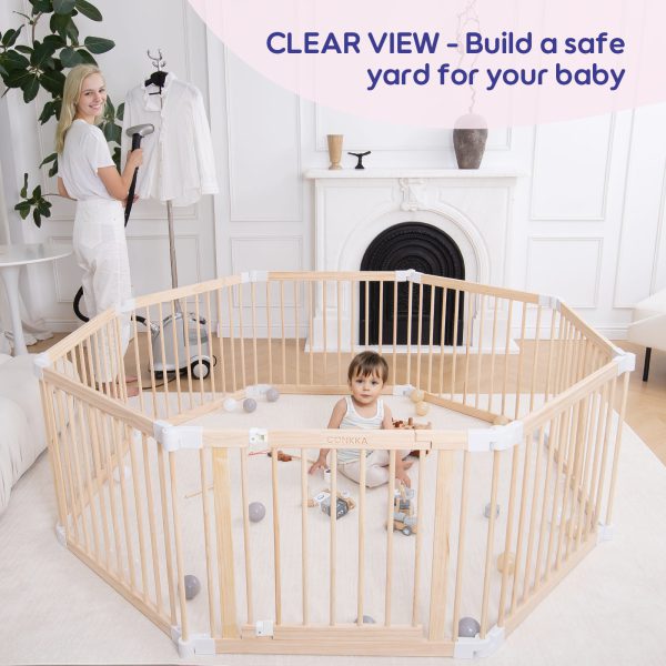 connka foldable wooden baby playpen large play yard for babies and toddlers, 2 in 1 portable fence custom 25″ tall wood gate with adjustable size & shape for infants 3 12 months 63x63x25 inch
