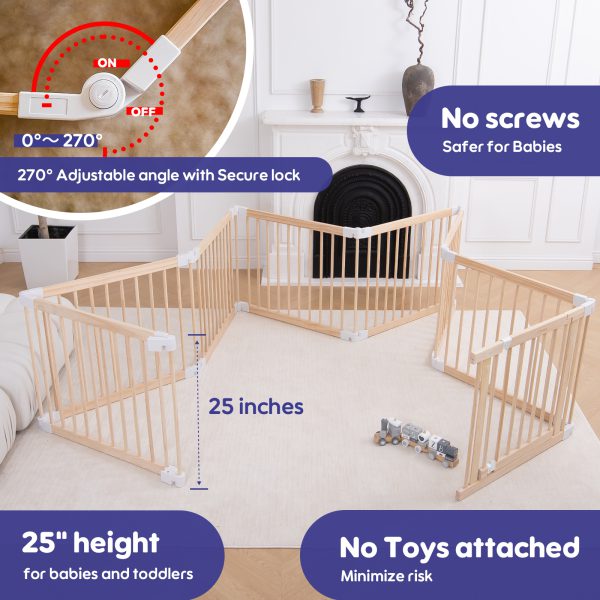 connka foldable wooden baby playpen large play yard for babies and toddlers, 2 in 1 portable fence custom 25″ tall wood gate with adjustable size & shape for infants 3 12 months 63x63x25 inch