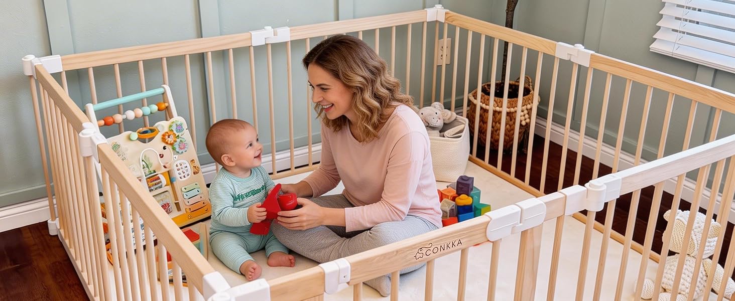 conkka foldable wooden baby playpen large play yard for babies and toddlers, 2 in 1 portable fence custom 25″ tall wood gate with adjustable size & shape for infants 3 12 months 63x63x25 inch