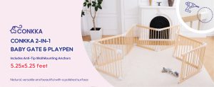 connka foldable wooden baby playpen large play yard for babies and toddlers, 2 in 1 portable fence custom 25″ tall wood gate with adjustable size & shape for infants 3 12 months 63x63x25 inch