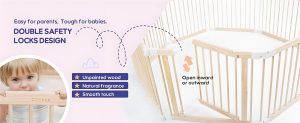 connka foldable wooden baby playpen large play yard for babies and toddlers, 2 in 1 portable fence custom 25″ tall wood gate with adjustable size & shape for infants 3 12 months 63x63x25 inch