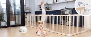 connka foldable wooden baby playpen large play yard for babies and toddlers, 2 in 1 portable fence custom 25″ tall wood gate with adjustable size & shape for infants 3 12 months 63x63x25 inch