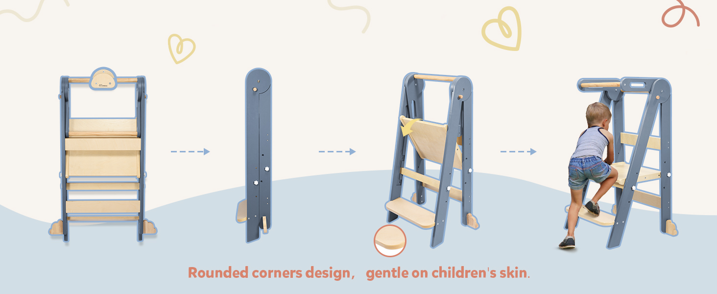connka foldable toddler kitchen wood step stool with hook, pre assembled wooden folding montessori learning helper for kids, standing tower with 3 adjustable height stepping for counter sink gray