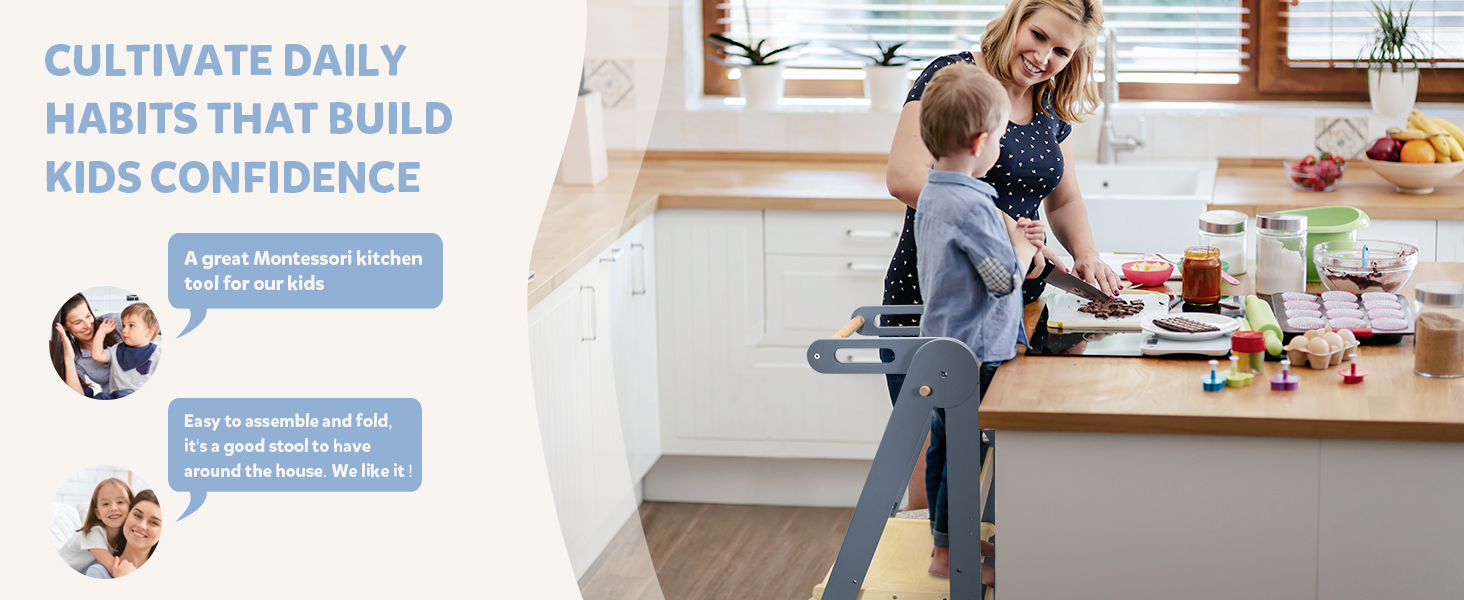 connka foldable toddler kitchen wood step stool with hook, pre assembled wooden folding montessori learning helper for kids, standing tower with 3 adjustable height stepping for counter sink gray