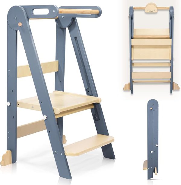 connka foldable toddler kitchen wood step stool with hook, pre assembled wooden folding montessori learning helper for kids, standing tower with 3 adjustable height stepping for counter sink gray