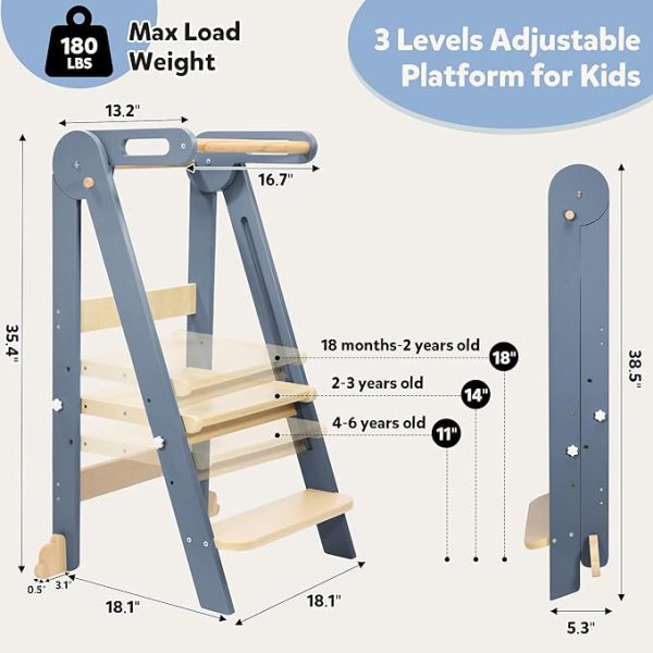 connka foldable toddler kitchen wood step stool with hook, pre assembled wooden folding montessori learning helper for kids, standing tower with 3 adjustable height stepping for counter sink gray