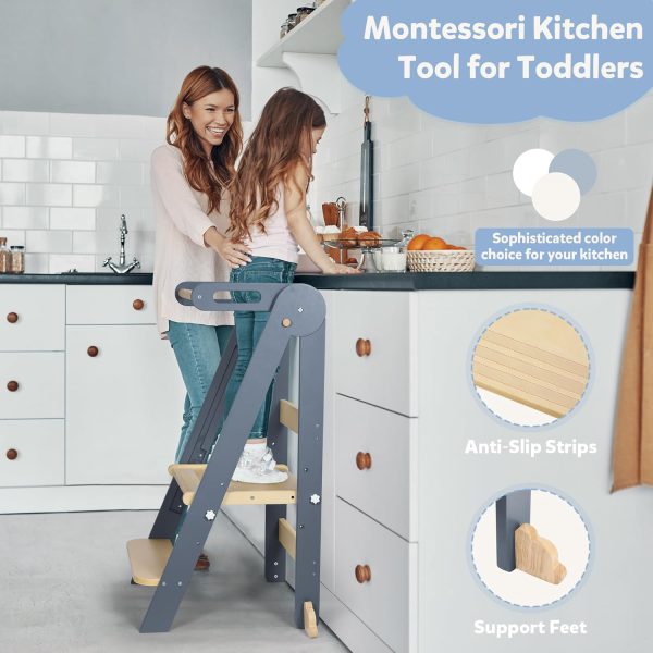connka foldable toddler kitchen wood step stool with hook, pre assembled wooden folding montessori learning helper for kids, standing tower with 3 adjustable height stepping for counter sink gray