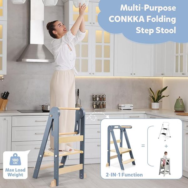 connka foldable toddler kitchen wood step stool with hook, pre assembled wooden folding montessori learning helper for kids, standing tower with 3 adjustable height stepping for counter sink gray