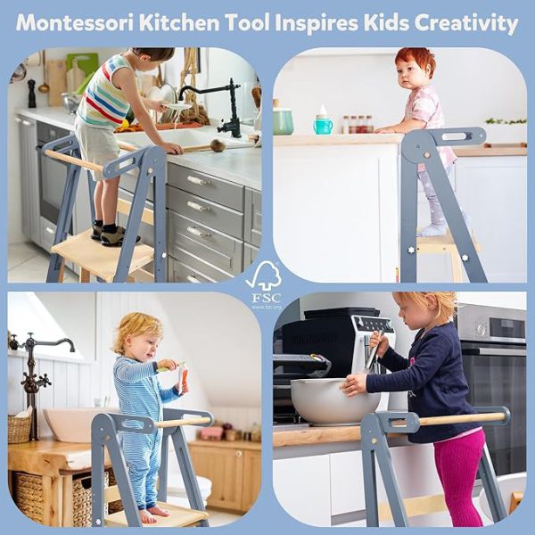 connka foldable toddler kitchen wood step stool with hook, pre assembled wooden folding montessori learning helper for kids, standing tower with 3 adjustable height stepping for counter sink gray