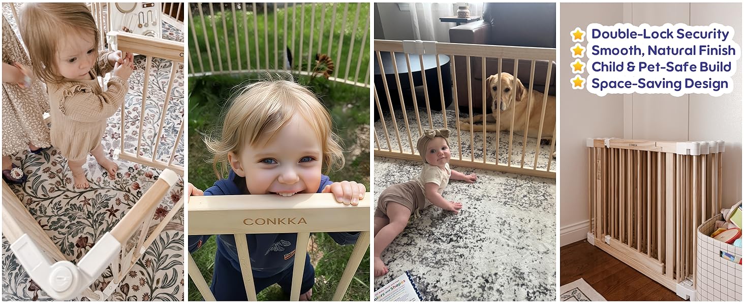 conkka foldable wooden baby playpen large play yard for babies and toddlers, 2 in 1 portable fence custom 25″ tall wood gate with adjustable size & shape for infants 3 12 months 63x63x25 inch