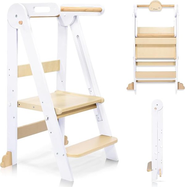connka foldable toddler kitchen wood step stool with hook, pre assembled wooden folding montessori learning helper for kids, standing tower with 3 adjustable height stepping for counter sink gray