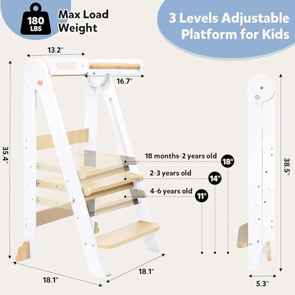connka foldable toddler kitchen wood step stool with hook, pre assembled wooden folding montessori learning helper for kids, standing tower with 3 adjustable height stepping for counter sink gray