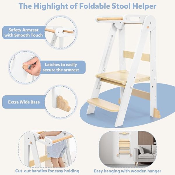 connka foldable toddler kitchen wood step stool with hook, pre assembled wooden folding montessori learning helper for kids, standing tower with 3 adjustable height stepping for counter sink gray