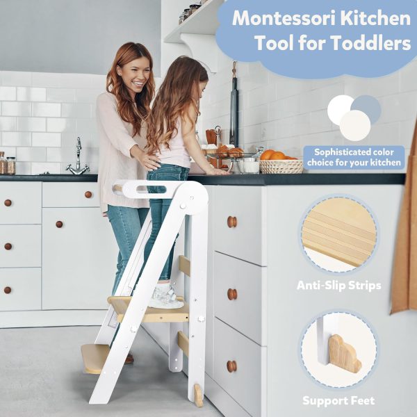 connka foldable toddler kitchen wood step stool with hook, pre assembled wooden folding montessori learning helper for kids, standing tower with 3 adjustable height stepping for counter sink gray
