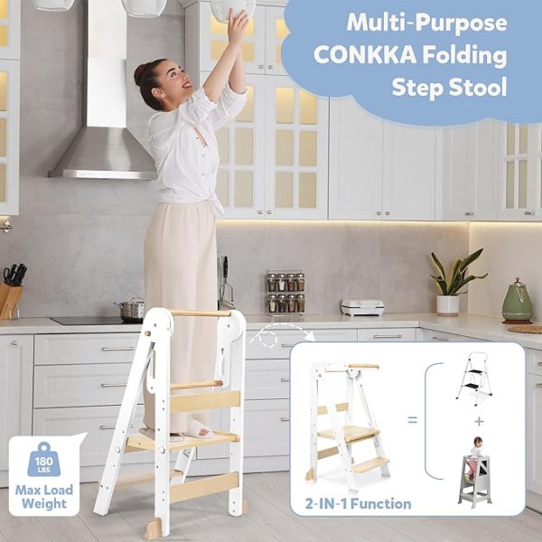 connka foldable toddler kitchen wood step stool with hook, pre assembled wooden folding montessori learning helper for kids, standing tower with 3 adjustable height stepping for counter sink gray
