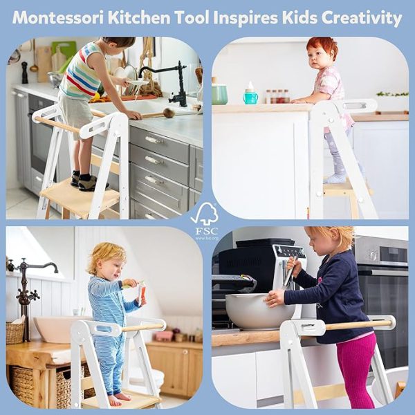 connka foldable toddler kitchen wood step stool with hook, pre assembled wooden folding montessori learning helper for kids, standing tower with 3 adjustable height stepping for counter sink gray