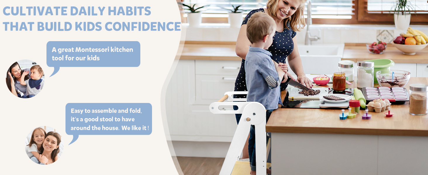 connka foldable toddler kitchen wood step stool with hook, pre assembled wooden folding montessori learning helper for kids, standing tower with 3 adjustable height stepping for counter sink gray