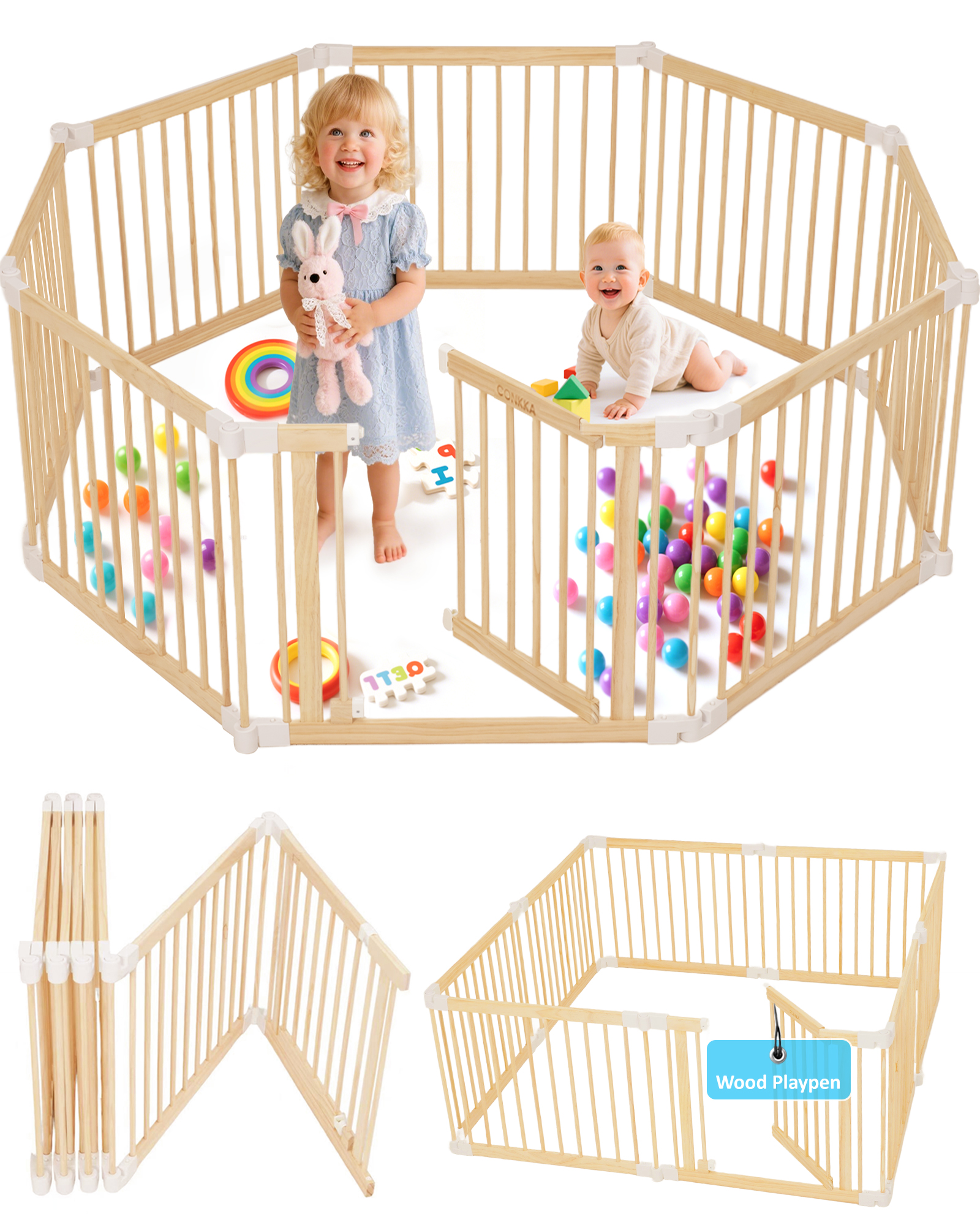 conkka foldable wooden baby playpen large play yard for babies and toddlers, 2 in 1 portable fence custom 25″ tall wood gate with adjustable size & shape for infants 3 12 months 63x63x25 inch conkka foldable wooden baby playpen large play yard for babies and toddlers, 2 in 1 portable fence custom 25″ tall wood gate with adjustable size & shape for infants 3 12 months 63x63x25 inch