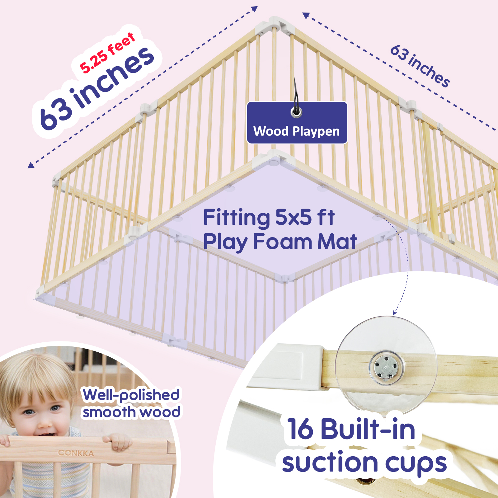 conkka foldable wooden baby playpen large play yard for babies and toddlers, 2 in 1 portable fence custom 25″ tall wood gate with adjustable size & shape for infants 3 12 months 63x63x25 inch conkka foldable wooden baby playpen large play yard for babies and toddlers, 2 in 1 portable fence custom 25″ tall wood gate with adjustable size & shape for infants 3 12 months 63x63x25 inch