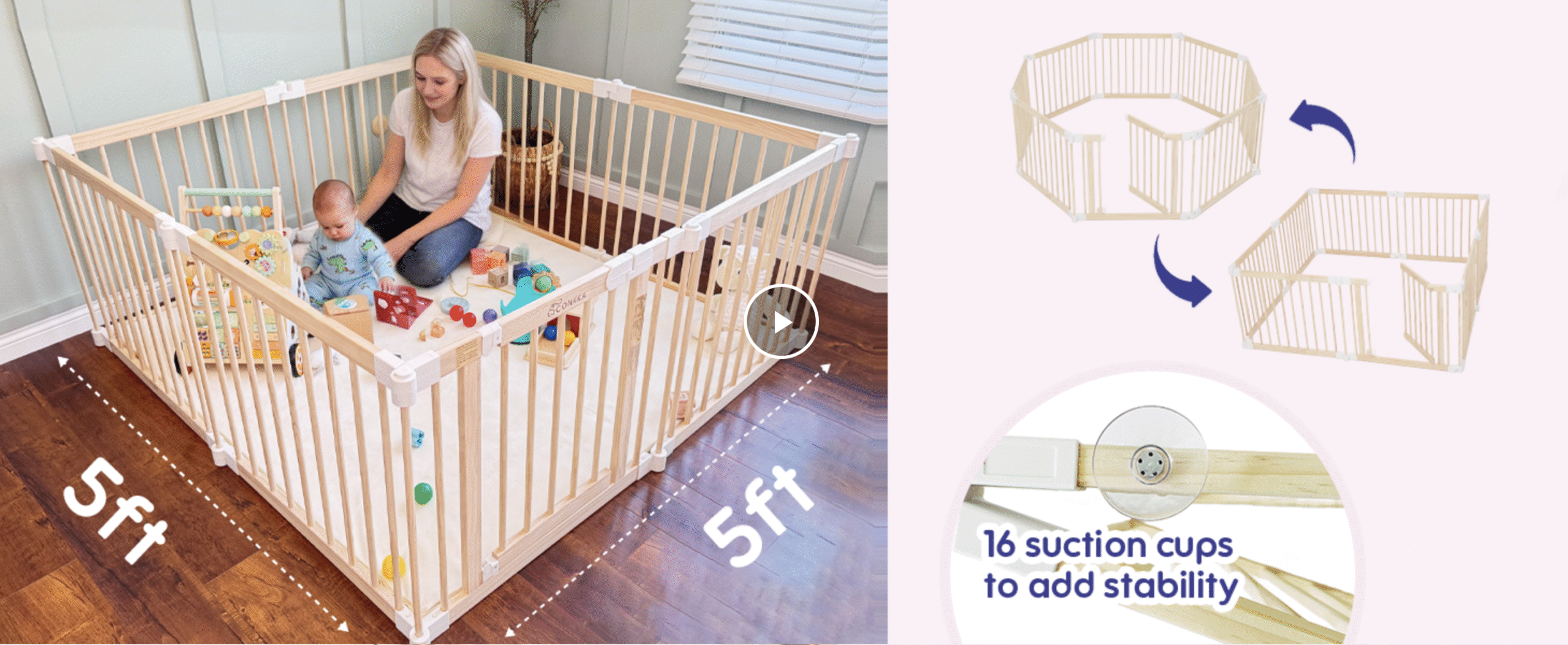 conkka foldable wooden baby playpen large play yard for babies and toddlers, 2 in 1 portable fence custom 25″ tall wood gate with adjustable size & shape for infants 3 12 months 63x63x25 inch