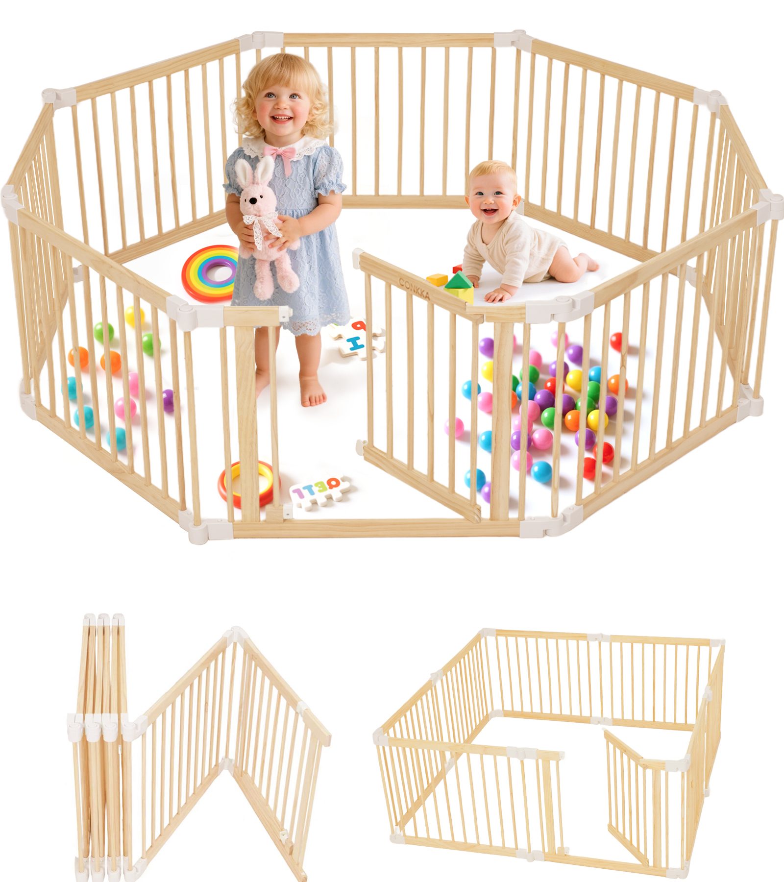 connka foldable wooden baby playpen large play yard for babies and toddlers, 2 in 1 portable fence custom 25″ tall wood gate with adjustable size & shape for infants 3 12 months 63x63x25 inch